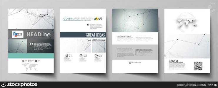 Business templates for brochure, magazine, flyer. Cover design template, vector layout in A4 size. Genetic and chemical compounds. DNA and neurons. Science technology concept. Geometric background.. Business templates for brochure, magazine, flyer, booklet or annual report. Cover design template, easy editable vector, abstract flat layout in A4 size. Genetic and chemical compounds. Atom, DNA and neurons. Medicine, chemistry, science or technology concept. Geometric background.