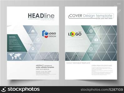 Business templates for brochure, magazine, flyer. Cover design template, vector layout in A4 size. Genetic and chemical compounds. DNA and neurons. Science technology concept. Geometric background.. Business templates for brochure, magazine, flyer. Cover design template, vector layout in A4 size. Genetic and chemical compounds. DNA and neurons. Science technology concept. Geometric background