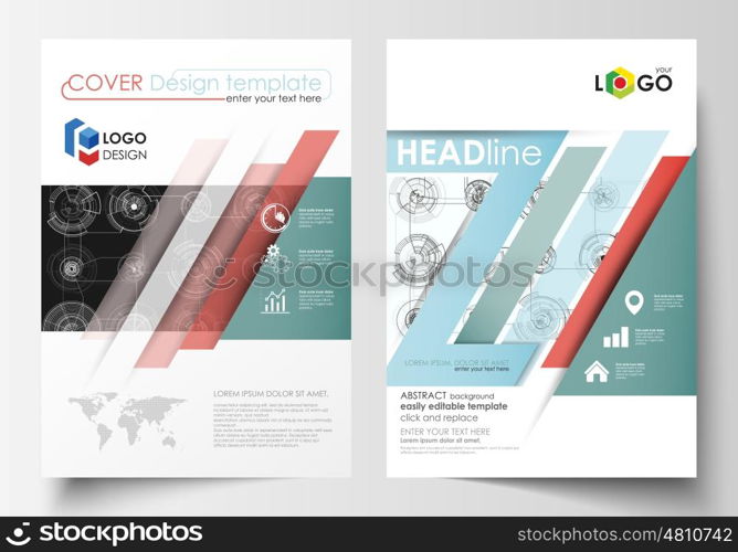 Business templates for brochure, magazine, flyer. Cover template, flat layout in A4 size. High tech design, connecting system. Science and technology concept. Futuristic abstract vector background