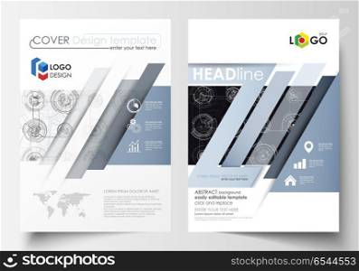Business templates for brochure, magazine, flyer. Cover template, flat layout in A4 size. High tech design, connecting system. Science and technology concept. Futuristic abstract vector background.. Business templates for brochure, magazine, flyer. Cover template, flat layout in A4 size. High tech design, connecting system. Science and technology concept. Futuristic abstract vector background