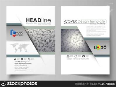 Business templates for brochure, magazine, flyer, report. Cover design template, abstract vector layout in A4 size. Pattern made from squares, gray background in geometrical style. Simple texture.. Business templates for brochure, magazine, flyer, booklet or annual report. Cover design template, easy editable vector, abstract flat layout in A4 size. Pattern made from squares, gray background in geometrical style. Simple texture.