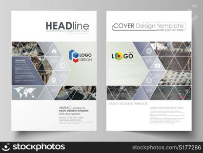 Business templates for brochure, magazine, flyer, report. Cover design template, abstract vector layout in A4 size. Colorful background made of dotted texture for travel business, urban cityscape.. Business templates for brochure, magazine, flyer, report. Cover design template, abstract vector layout in A4 size. Colorful background made of dotted texture for travel business, urban cityscape