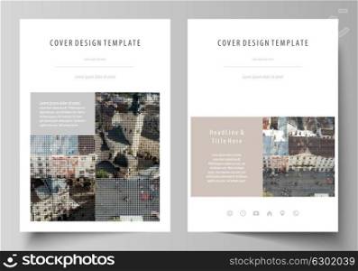 Business templates for brochure, magazine, flyer, report. Cover design template, abstract vector layout in A4 size. Colorful background made of dotted texture for travel business, urban cityscape. Business templates for brochure, magazine, flyer, report. Cover design template, abstract vector layout in A4 size. Colorful background made of dotted texture for travel business, urban cityscape.