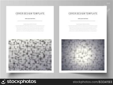 Business templates for brochure, magazine, flyer, report. Cover design template, abstract vector layout in A4 size. Pattern made from squares, gray background in geometrical style. Simple texture.. Business templates for brochure, magazine, flyer, booklet or annual report. Cover design template, easy editable vector, abstract flat layout in A4 size. Pattern made from squares, gray background in geometrical style. Simple texture.