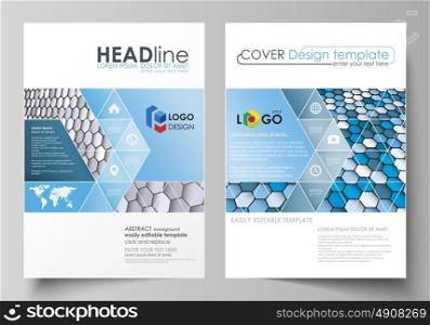 Business templates for brochure, magazine, flyer, report. Cover design template, vector layout in A4 size. Blue and gray color hexagons in perspective. Abstract polygonal style background.. Business templates for brochure, magazine, flyer, booklet or annual report. Cover design template, easy editable vector, abstract flat layout in A4 size. Blue and gray color hexagons in perspective. Abstract polygonal style modern background.