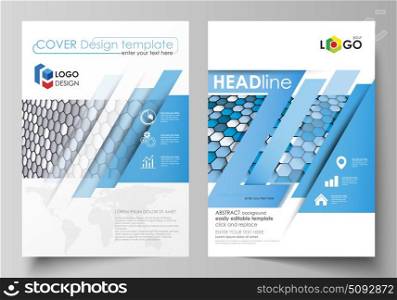 Business templates for brochure, magazine, flyer, report. Cover design template, vector layout in A4 size. Blue and gray color hexagons in perspective. Abstract polygonal style background.. Business templates for brochure, magazine, flyer, booklet or annual report. Cover design template, easy editable vector, abstract flat layout in A4 size. Blue and gray color hexagons in perspective. Abstract polygonal style modern background.