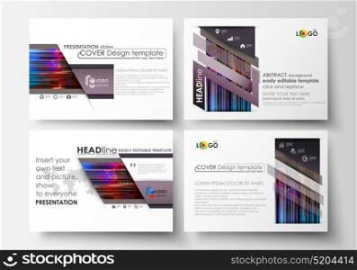 Business templates for presentation slides. Abstract layouts in vector design. Glitched background made of colorful pixel mosaic. Digital decay, signal error, television fail. Trendy glitch backdrop.. Set of business templates for presentation slides. Easy editable abstract layouts in flat design, vector illustration. Glitched background made of colorful pixel mosaic. Digital decay, signal error, television fail. Trendy glitch backdrop.