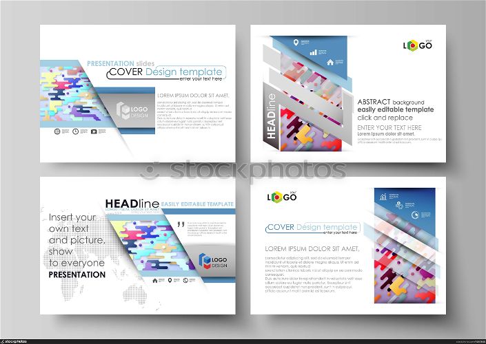 Business templates for presentation slides. Abstract vector design layouts. Bright color lines and dots, colorful minimalist backdrop with geometric shapes forming beautiful minimalistic background.. Set of business templates for presentation slides. Easy editable abstract vector layouts in flat design. Bright color lines and dots, colorful minimalist backdrop with geometric shapes forming beautiful minimalistic background.