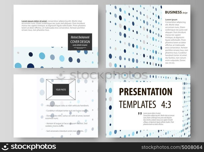 Business templates for presentation slides. Easy editable abstract layouts in flat style. Soft color dots with illusion of depth and perspective, dotted background. Modern elegant vector design.. Set of business templates for presentation slides. Easy editable abstract vector layouts in flat design. Abstract soft color dots with illusion of depth and perspective, dotted technology background. Multicolored particles, modern pattern, elegant texture, vector design.