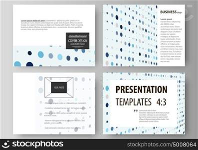 Business templates for presentation slides. Easy editable abstract layouts in flat style. Soft color dots with illusion of depth and perspective, dotted background. Modern elegant vector design.. Set of business templates for presentation slides. Easy editable abstract vector layouts in flat design. Abstract soft color dots with illusion of depth and perspective, dotted technology background. Multicolored particles, modern pattern, elegant texture, vector design.