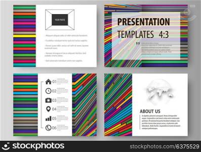 Business templates for presentation slides. Easy editable abstract vector layouts in flat design. Bright color lines, colorful style with geometric shapes forming beautiful minimalist background.. Set of business templates for presentation slides. Easy editable abstract vector layouts in flat design. Bright color lines, colorful style with geometric shapes forming beautiful minimalist background.