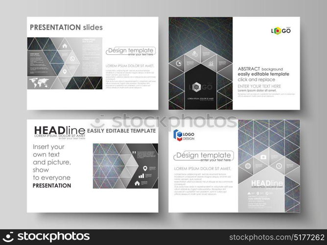 Business templates for presentation slides. Easy editable layouts in flat design. Colorful dark background with abstract lines. Bright color chaotic, random, messy curves. Colourful vector decoration. Business templates for presentation slides. Easy editable layouts in flat design. Colorful dark background with abstract lines. Bright color chaotic, random, messy curves. Colourful vector decoration.