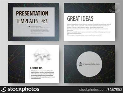 Business templates for presentation slides. Easy editable layouts in flat design. Colorful dark background with abstract lines. Bright color chaotic, random, messy curves. Colourful vector decoration.. Set of business templates for presentation slides. Easy editable abstract vector layouts in flat design. Colorful dark background with abstract lines. Bright color chaotic, random, messy curves. Colourful vector decoration.