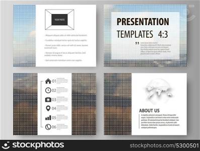 Business templates for presentation slides. Easy editable vector layouts, flat design. Abstract landscape of nature. Dark color pattern in vintage style, mosaic texture.. Set of business templates for presentation slides. Easy editable abstract vector layouts in flat design. Abstract landscape of nature. Dark color pattern in vintage style, mosaic texture.