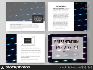 Business templates for presentation slides. Layouts in flat style. Colorful neon dots, dotted technology background. Glowing particles, led light pattern, futuristic texture, digital vector design.. Set of business templates for presentation slides. Easy editable abstract vector layouts in flat design. Abstract colorful neon dots, dotted technology background. Glowing particles, led light pattern, futuristic texture, digital vector design.