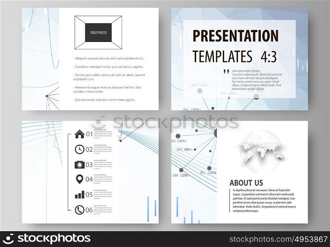Business templates for presentation slides. Vector layouts. Blue color abstract infographic background in minimalist design made from lines, symbols, charts, diagrams and other elements.. Set of business templates for presentation slides. Easy editable abstract vector layouts in flat design. Blue color abstract infographic background in minimalist style made from lines, symbols, charts, diagrams and other elements.