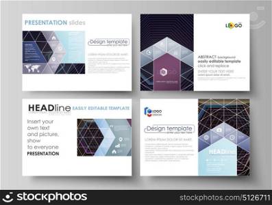 Business templates for presentation slides. Vector layouts in flat style. Abstract polygonal background with hexagons, illusion of depth. Black color geometric design, hexagonal geometry.. Set of business templates for presentation slides. Easy editable abstract vector layouts in flat design. Abstract polygonal background with hexagons, illusion of depth and perspective. Black color geometric design, hexagonal geometry.