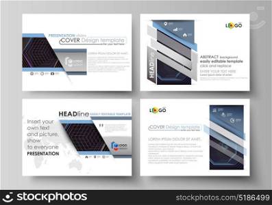 Business templates for presentation slides. Vector layouts in flat style. Abstract polygonal background with hexagons, illusion of depth. Black color geometric design, hexagonal geometry.. Set of business templates for presentation slides. Easy editable abstract vector layouts in flat design. Abstract polygonal background with hexagons, illusion of depth and perspective. Black color geometric design, hexagonal geometry.