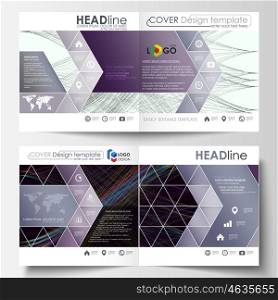 Business templates for square bi fold brochure, magazine, flyer, booklet. Leaflet cover, flat layout, easy editable vector. Abstract waves, lines and curves. Dark color background. Motion design