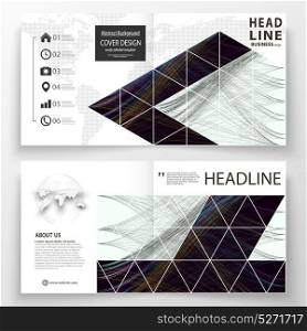 Business templates for square bi fold brochure, magazine, flyer, booklet. Leaflet cover, flat layout, easy editable vector. Abstract waves, lines, curves. Dark color background. Motion design.. Business templates for square bi fold brochure, magazine, flyer, booklet. Leaflet cover, flat layout, easy editable vector. Abstract waves, lines, curves. Dark color background Motion design