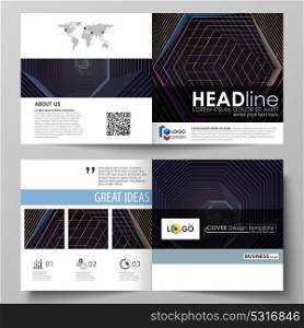 Business templates for square bi fold brochure, magazine, flyer. Leaflet cover, flat vector layout. Abstract polygonal background with hexagons. Black color geometric design, hexagonal geometry.. Business templates for square design bi fold brochure, magazine, flyer, booklet or annual report. Leaflet cover, abstract flat layout, easy editable vector. Abstract polygonal background with hexagons, illusion of depth and perspective. Black color geometric design, hexagonal geometry.