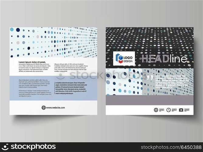 Business templates for square brochure, flyer, booklet, report. Leaflet cover, abstract layout. Soft color dots with illusion of depth and perspective, dotted background. Modern elegant vector design.. Business templates for square design brochure, magazine, flyer, booklet or annual report. Leaflet cover, abstract flat layout, easy editable vector. Abstract soft color dots with illusion of depth and perspective, dotted technology background. Multicolored particles, modern pattern, elegant texture, vector design.