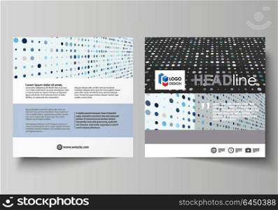 Business templates for square brochure, flyer, booklet, report. Leaflet cover, abstract layout. Soft color dots with illusion of depth and perspective, dotted background. Modern elegant vector design.. Business templates for square design brochure, magazine, flyer, booklet or annual report. Leaflet cover, abstract flat layout, easy editable vector. Abstract soft color dots with illusion of depth and perspective, dotted technology background. Multicolored particles, modern pattern, elegant texture, vector design.