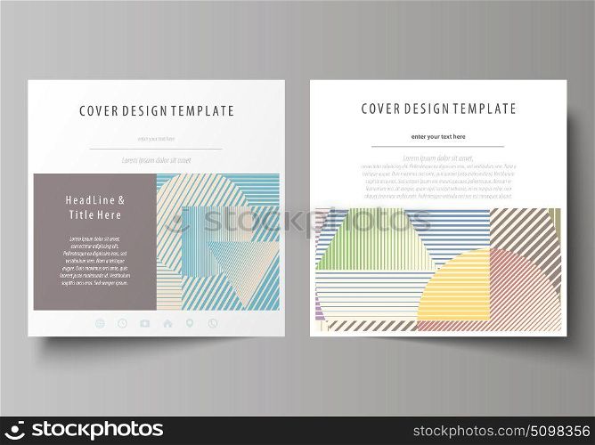 Business templates for square brochure, magazine, flyer, booklet or report. Leaflet cover, abstract vector layout. Minimalistic design with lines, geometric shapes forming beautiful background.. Business templates for square design brochure, magazine, flyer, booklet or annual report. Leaflet cover, abstract flat layout, easy editable vector. Minimalistic design with lines, geometric shapes forming beautiful background.