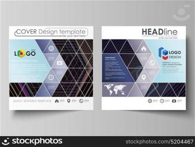 Business templates for square brochure, magazine, flyer, booklet, report. Leaflet cover, vector layout. Abstract polygonal background with hexagons. Black color geometric design, hexagonal geometry.. Business templates for square design brochure, magazine, flyer, booklet or annual report. Leaflet cover, abstract flat layout, easy editable vector. Abstract polygonal background with hexagons, illusion of depth and perspective. Black color geometric design, hexagonal geometry.