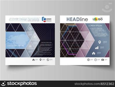 Business templates for square brochure, magazine, flyer, booklet, report. Leaflet cover, vector layout. Abstract polygonal background with hexagons. Black color geometric design, hexagonal geometry.. Business templates for square design brochure, magazine, flyer, booklet or annual report. Leaflet cover, abstract flat layout, easy editable vector. Abstract polygonal background with hexagons, illusion of depth and perspective. Black color geometric design, hexagonal geometry.