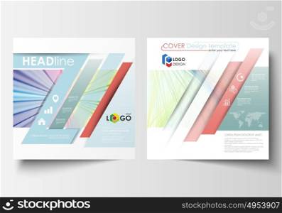 Business templates for square brochure, magazine, flyer, report. Leaflet cover, flat layout, easy editable vector. Colorful background with abstract waves, lines. Bright color curves. Motion design.. Business templates for square brochure, magazine, flyer, annual report. Leaflet cover, flat layout, easy editable vector. Colorful background with abstract waves, lines. Bright color curves. Motion design