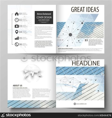Business templates for square design bi fold brochure, flyer, annual report. Leaflet cover, vector layout. Blue color abstract infographic background made from lines, symbols, charts, other elements.. Business templates for square design bi fold brochure, magazine, flyer, booklet or annual report. Leaflet cover, abstract flat layout, easy editable vector. Blue color abstract infographic background in minimalist style made from lines, symbols, charts, diagrams and other elements.