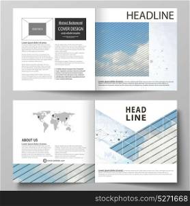 Business templates for square design bi fold brochure, flyer, annual report. Leaflet cover, vector layout. Blue color abstract infographic background made from lines, symbols, charts, other elements.. Business templates for square design bi fold brochure, flyer, annual report. Leaflet cover, vector layout. Blue color abstract infographic background made from lines, symbols, charts, other elements