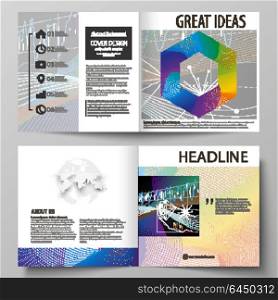 Business templates for square design bi fold brochure, flyer, annual report. Leaflet cover, vector layout. Colorful abstract infographic background made from lines, symbols, charts, other elements.. Business templates for square design bi fold brochure, magazine, flyer, booklet or annual report. Leaflet cover, abstract flat layout, easy editable vector. Colorful abstract infographic background in minimalist style made from lines, symbols, charts, diagrams and other elements.