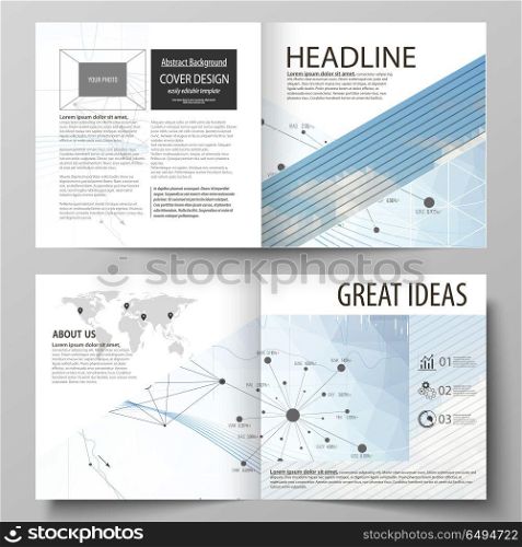Business templates for square design bi fold brochure, flyer, annual report. Leaflet cover, vector layout. Blue color abstract infographic background made from lines, symbols, charts, other elements.. Business templates for square design bi fold brochure, magazine, flyer, booklet or annual report. Leaflet cover, abstract flat layout, easy editable vector. Blue color abstract infographic background in minimalist style made from lines, symbols, charts, diagrams and other elements.