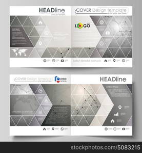 Business templates for square design bi fold brochure, flyer, booklet. Leaflet cover, abstract vector layout. Chemistry pattern, molecule structure on gray background. Science and technology concept.. Business templates for square design bi fold brochure, magazine, flyer, booklet or annual report. Leaflet cover, abstract flat layout, easy editable vector. Chemistry pattern, molecule structure on gray background. Science and technology concept.