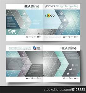 Business templates for square design bi fold brochure, flyer, booklet or annual report. Leaflet cover, abstract vector layout. Geometric background. Molecular structure. Medical, technology concept.. Business templates for square design bi fold brochure, magazine, flyer, booklet or annual report. Leaflet cover, abstract flat layout, easy editable vector. Geometric background, connected line and dots. Molecular structure. Scientific, medical, technology concept.