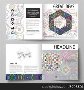 Business templates for square design bi fold brochure, flyer, booklet or annual report. Leaflet cover, abstract vector layout. Bright color background in minimalist style made from colorful circles.. Business templates for square design bi fold brochure, magazine, flyer, booklet or annual report. Leaflet cover, abstract flat layout, easy editable vector. Bright color background in minimalist style made from colorful circles.