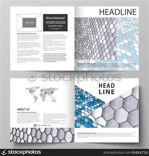 Business templates for square design bi fold brochure, flyer, booklet or annual report. Leaflet cover, vector layout. Blue and gray color hexagons in perspective. Abstract polygonal style background.. Business templates for square design bi fold brochure, magazine, flyer, booklet or annual report. Leaflet cover, abstract flat layout, easy editable vector. Blue and gray color hexagons in perspective. Abstract polygonal style modern background.