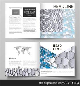 Business templates for square design bi fold brochure, flyer, booklet or annual report. Leaflet cover, vector layout. Blue and gray color hexagons in perspective. Abstract polygonal style background.. Business templates for square design bi fold brochure, magazine, flyer, booklet or annual report. Leaflet cover, abstract flat layout, easy editable vector. Blue and gray color hexagons in perspective. Abstract polygonal style modern background.