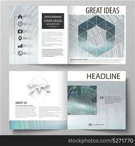 Business templates for square design bi fold brochure, flyer, booklet or report. Leaflet cover, abstract flat layout, easy editable vector. Technology background in geometric style made from circles.. Business templates for square design bi fold brochure, magazine, flyer, booklet or annual report. Leaflet cover, abstract flat layout, easy editable vector. Technology background in geometric style made from circles.