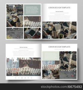 Business templates for square design bi fold brochure, flyer, booklet, report. Leaflet cover, abstract vector layout. Colorful background made of dotted texture for travel business, urban cityscape.. Business templates for square design bi fold brochure, magazine, flyer, booklet or annual report. Leaflet cover, abstract flat layout, easy editable vector. Colorful background made of dotted texture for travel business, urban cityscape.