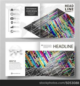Business templates for square design bi fold brochure, flyer, booklet, report. Leaflet cover, vector layout. Colorful background made of stripes. Abstract tubes and dots. Glowing multicolored texture.. Business templates for square design bi fold brochure, magazine, flyer, booklet or annual report. Leaflet cover, abstract flat layout, easy editable vector. Colorful background made of stripes. Abstract tubes and dots. Glowing multicolored texture.