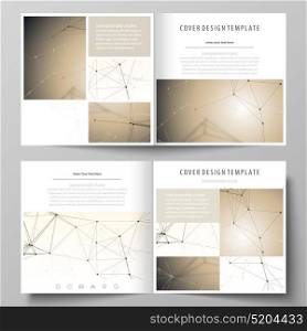 Business templates for square design bi fold brochure, flyer, booklet, report. Leaflet cover, vector layout. Technology, science, medical concept. Golden dots and lines, digital style. Lines plexus.. Business templates for square design bi fold brochure, magazine, flyer, booklet or annual report. Leaflet cover, abstract flat layout, easy editable vector. Technology, science, medical concept. Golden dots and lines, cybernetic digital style. Lines plexus.