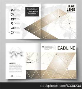 Business templates for square design bi fold brochure, flyer, booklet, report. Leaflet cover, vector layout. Technology, science, medical concept. Golden dots and lines, digital style. Lines plexus.. Business templates for square design bi fold brochure, magazine, flyer, booklet or annual report. Leaflet cover, abstract flat layout, easy editable vector. Technology, science, medical concept. Golden dots and lines, cybernetic digital style. Lines plexus.