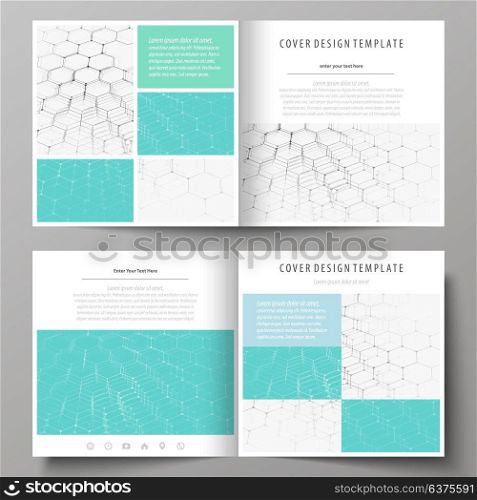 Business templates for square design bi fold brochure, flyer, report. Leaflet cover, abstract vector layout. Chemistry pattern, hexagonal molecule structure. Medicine, science, technology concept.. Business templates for square design bi fold brochure, magazine, flyer, booklet or annual report. Leaflet cover, abstract flat layout, easy editable vector. Chemistry pattern, hexagonal molecule structure on blue. Medicine, science and technology concept.