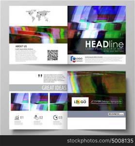 Business templates for square design bi fold brochure, flyer, report. Leaflet cover, vector layout. Glitched background made of colorful pixel mosaic. Digital decay, signal error, television fail.. Business templates for square design bi fold brochure, magazine, flyer, booklet or annual report. Leaflet cover, abstract flat layout, easy editable vector. Glitched background made of colorful pixel mosaic. Digital decay, signal error, television fail.