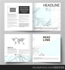 Business templates for square design bi fold brochure, flyer, report. Leaflet cover, vector layout. Chemistry pattern, connecting lines and dots, molecule structure on white, geometric background.. Business templates for square design bi fold brochure, magazine, flyer, booklet or annual report. Leaflet cover, abstract flat layout, easy editable vector. Chemistry pattern, connecting lines and dots, molecule structure on white, geometric graphic background.