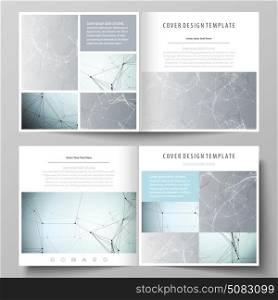 Business templates for square design bi fold brochure, flyer, report. Leaflet cover, vector layout. Chemistry pattern, connecting lines and dots, molecule structure, scientific medical DNA research.. Business templates for square design bi fold brochure, magazine, flyer, booklet or annual report. Leaflet cover, abstract flat layout, easy editable vector. Chemistry pattern, connecting lines and dots, molecule structure, scientific medical DNA research.