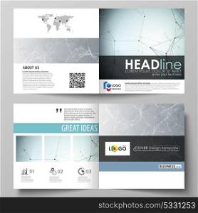Business templates for square design bi fold brochure, flyer, report. Leaflet cover, vector layout. Chemistry pattern, connecting lines and dots, molecule structure, scientific medical DNA research.. Business templates for square design bi fold brochure, magazine, flyer, booklet or annual report. Leaflet cover, abstract flat layout, easy editable vector. Chemistry pattern, connecting lines and dots, molecule structure, scientific medical DNA research.